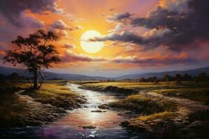 Depicting a landscape scene painted with palette knives, portraying the natural world in a textured and lively manner. Generative Ai photo