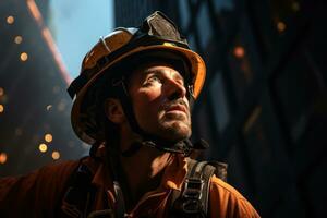 Low angle view of a firefighter heroically scaling the exterior of a skyscraper to rescue a trapped individual from a terrorist attack, highlighting bravery and emergency response. Generative Ai photo