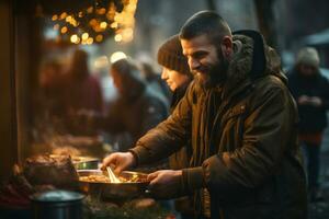 A close-up shot of a kind-hearted volunteer serving a warm meal to a person experiencing homelessness, emphasizing compassion and human connection. Generative AI photo