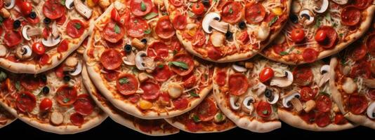 Closeup of many mixed pizzas, top view, seamless pattern. Generative Ai photo