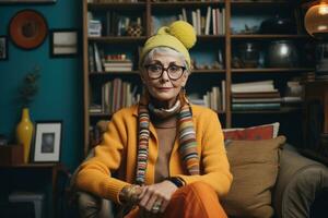 Portrait of a senior hipster woman in her late 60s, sitting comfortably in her cozy, retro-inspired living room filled with mid-century modern furniture and vintage decor. Generative AI photo