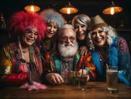 A group of LGBTQ friends in their seventies nightclub attire, sharing a moment of unity and celebration, evoking the spirit of resilience and acceptance within the LGBTQ community. Generative Ai photo