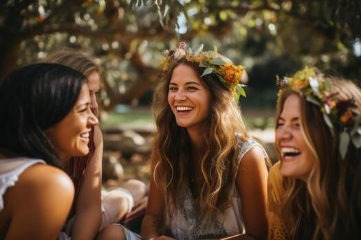 un diverso grupo de amigos riendo juntos a un picnic en el parque. capturar el genuino alegría en su caras como ellos disfrutar cada otros compañía. generativo ai foto