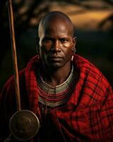 Maasai warrior in traditional attire, standing against a backdrop of the African landscape, holding a spear and shield. Generative AI photo