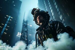 Low angle view of a firefighter heroically scaling the exterior of a skyscraper to rescue a trapped individual from a terrorist attack, highlighting bravery and emergency response. Generative Ai photo