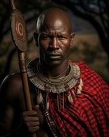 Maasai warrior in traditional attire, standing against a backdrop of the African landscape, holding a spear and shield. Generative AI photo