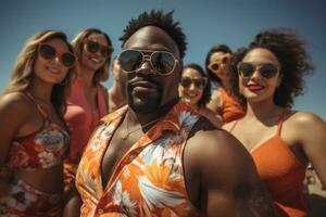 Diverse group of people enjoying a day at the beach, radiating confidence in their swimsuits and celebrating body positivity. Generative Ai photo