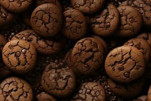 Close up of fresh delicious chocolate cookies , top view, seamless pattern. Generative Ai photo