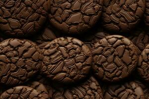 Close up of fresh delicious chocolate cookies , top view, seamless pattern. Generative Ai photo