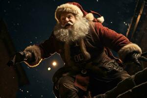 Papa Noel noel, iluminado por un lleno luna, como él prepara a descender desde el techo a entregar regalos. el composición capturas el anticipación y preguntarse de de santa llegada. generativo ai foto