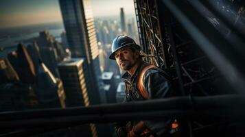 A construction foreman inspecting the safety measures and harnesses of workers on a suspended platform outside a skyscraper. Generative Ai photo