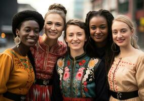 A multi-ethnic group of women wearing traditional clothing from their respective cultures, standing together against a picturesque urban backdrop. Generative Ai photo