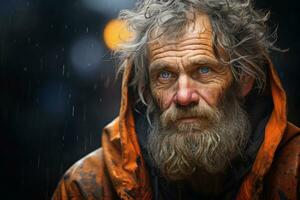 A portrait of a clochard who has overcome challenges and rebuilt their life, celebrating resilience and personal growth. Generative Ai photo