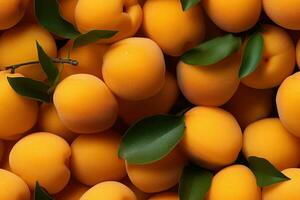 Closeup of fresh sweet apricots, top view, seamless pattern. Generative Ai photo