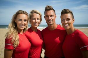 Advertising portrait shot of a Lifeguard team standing together in a beach and they look at the camera. Generative Ai photo