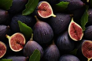 Closeup of fresh sweet figs, top view, seamless pattern. Generative Ai photo