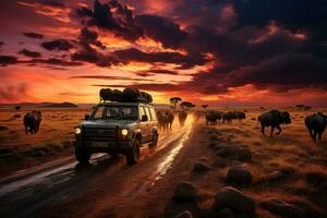A safari vehicle driving through the expansive Serengeti plains at sunset, with a herd of wildebeests in the distance, showcasing the vastness and adventure of an African safari. Generative AI photo