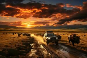 A safari vehicle driving through the expansive Serengeti plains at sunset, with a herd of wildebeests in the distance, showcasing the vastness and adventure of an African safari. Generative AI photo