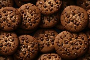 Close up of fresh delicious chocolate cookies , top view, seamless pattern. Generative Ai photo