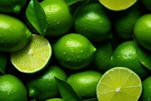 Close up of fresh limes , top view, seamless pattern. Generative Ai photo