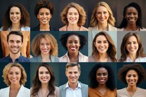 collage de multicultural étnicamente diferente personas moderno retratos de mujer y hombre, mirando en frente de cámara. generativo ai foto