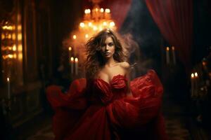 A stunning woman captivates in her elegant bright red dress in a candle dimly lit room. Generative AI photo