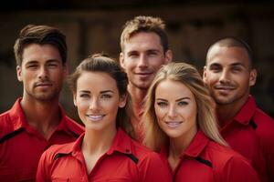 Advertising portrait shot of a Lifeguard team standing together in a beach and they look at the camera. Generative Ai photo