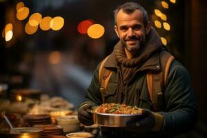A close-up shot of a kind-hearted volunteer serving a warm meal to a person experiencing homelessness, emphasizing compassion and human connection. Generative AI photo