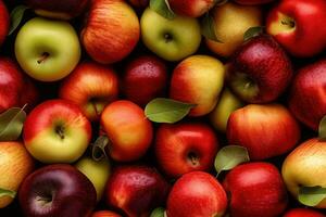 Close up of fresh red, green, yellow apples , top view, seamless pattern. Generative Ai photo