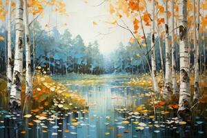 An oil painting captures the essence of autumn with breathtakingly beautiful birch trees, scene painted with palette knives. Splashes of vibrant colors define the picturesque landscape. Generative Ai photo