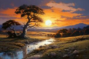 Vibrant oil painting showcasing a breathtaking sunset scene. Captures the majestic beauty of a sunset over a mountain range with river, scene painted with palette knives. Generative Ai photo