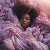 Young woman is peacefully asleep on a vibrant pink blanket. Her head rests comfortably , covered by luscious afro hair that generously frames her face. Generative AI photo