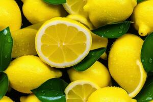 Close up of fresh juicy lemons, top view, seamless pattern. Generative Ai photo