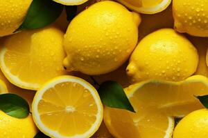 Close up of fresh juicy lemons, top view, seamless pattern. Generative Ai photo