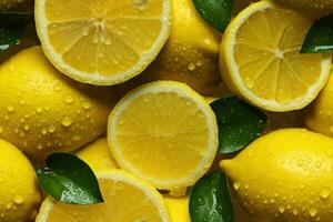 Close up of fresh juicy lemons, top view, seamless pattern. Generative Ai photo