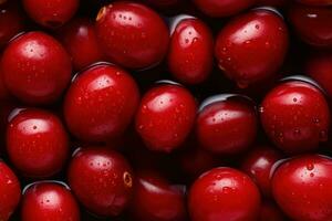 Close up of fresh red ripe cranberries , top view, seamless pattern. Generative Ai photo