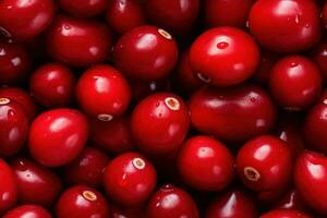 Close up of fresh red ripe cranberries , top view, seamless pattern. Generative Ai photo