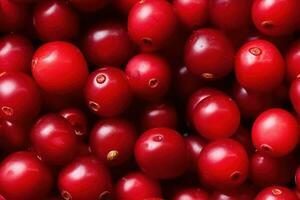 Close up of fresh red ripe cranberries , top view, seamless pattern. Generative Ai photo