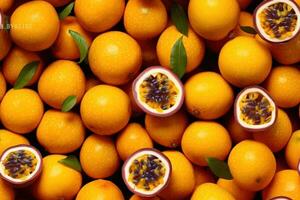 Close up of fresh passion fruit , top view, seamless pattern. Generative Ai photo