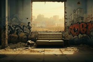 un poderoso imagen presentando un vacío habitación en un urbano ambiente, con adornado con graffiti paredes y un aire de soledad ese capturas el crudo esencia de ciudad vida. generativo ai foto