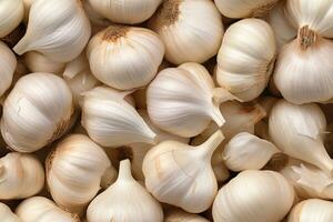 Close up of fresh garlic, top view, seamless pattern. Generative Ai photo