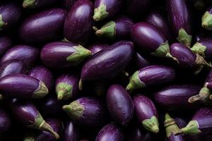 Close up of fresh eggplants, top view, seamless pattern. Generative Ai photo