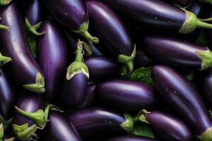 Close up of fresh eggplants, top view, seamless pattern. Generative Ai photo