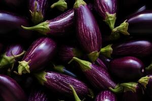 Close up of fresh eggplants, top view, seamless pattern. Generative Ai photo