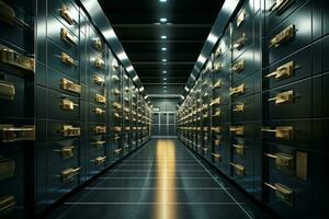 Interior of bank vault with rows of safety deposit boxes, conveying a sense of confidentiality and trustworthiness. Generative Ai photo