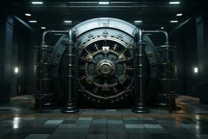 Heavy and imposing bank vault door, symbolizing safety, security, and protection of valuable assets. Generative Ai photo