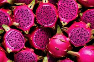 Close up of fresh juicy Dragon fruits, top view, seamless pattern. Generative Ai photo