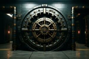 Heavy and imposing bank vault door, symbolizing safety, security, and protection of valuable assets. Generative Ai photo