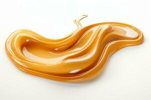 Yummy sweet caramel sauce, delicious caramel sauce swirl 3D splash. Advertising design elements isolated on white background. Generative Ai photo