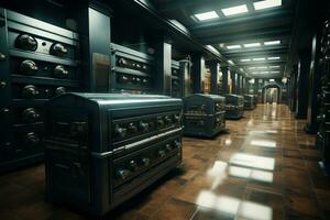 Interior of bank vault with rows of safety deposit boxes, conveying a sense of confidentiality and trustworthiness. Generative Ai photo